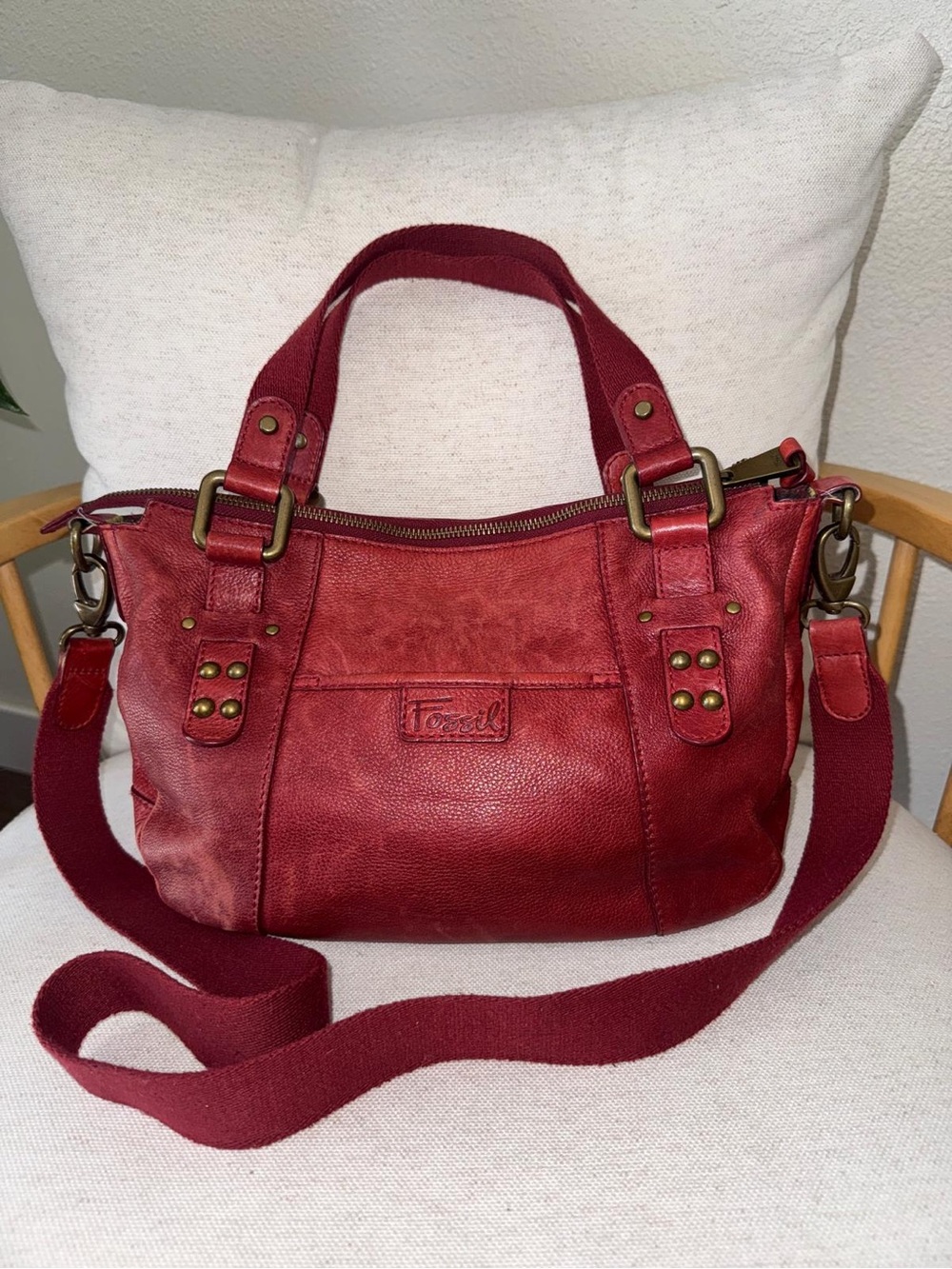 Vintage Fossil Burgundy Red Leather Shoulder Satchel Handbag Shoulder/Crossbody